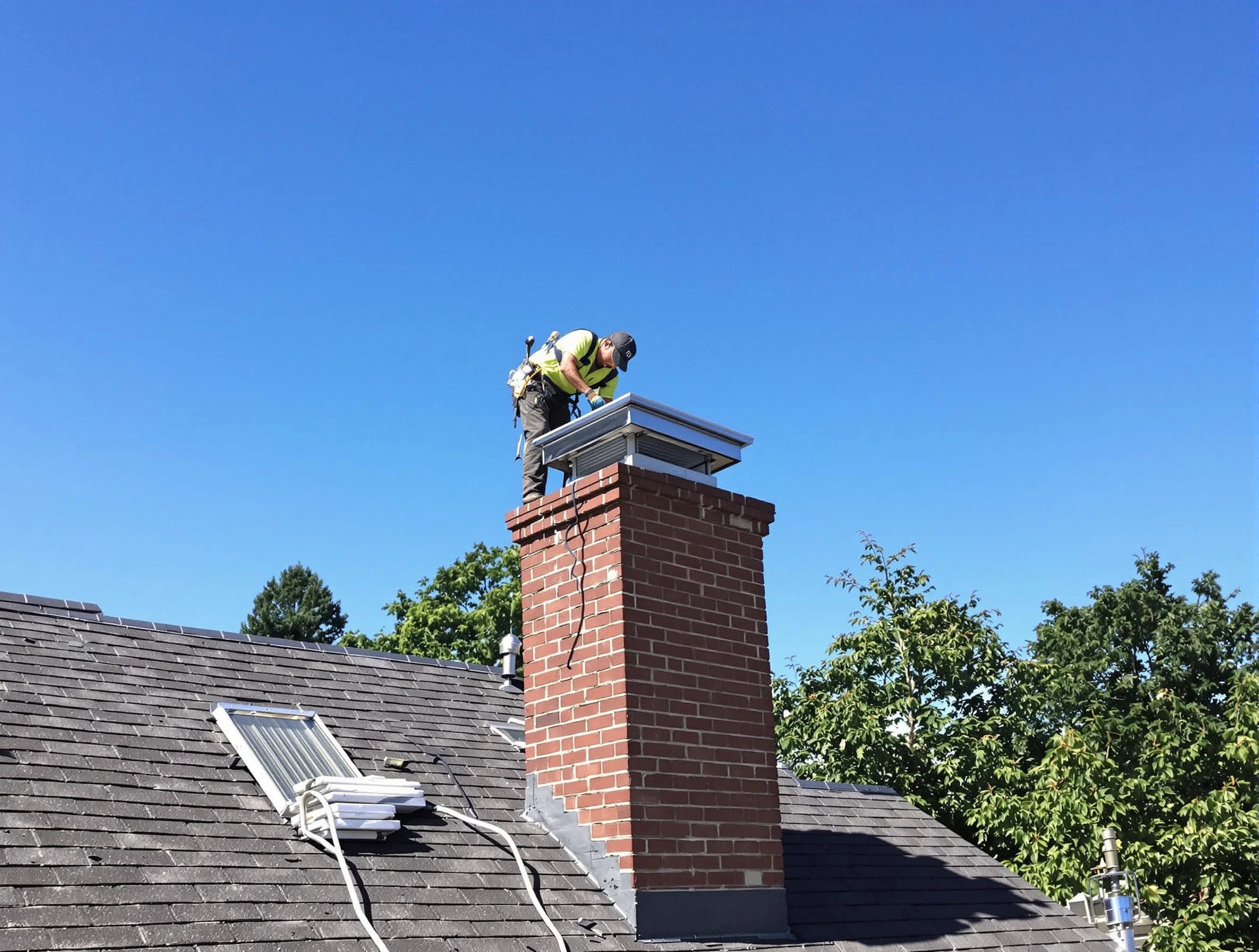 West Windsor Chimney Sweep technician measuring a chimney cap in West Windsor, NJ